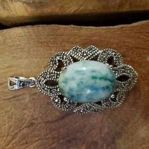 New 925 Silver Wrapped Rhinestone Green Sesame Jasper Olivary Pendant.